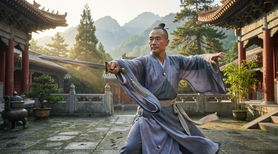 Ancient Chinese swordsman practicing Tai Chi sword forms